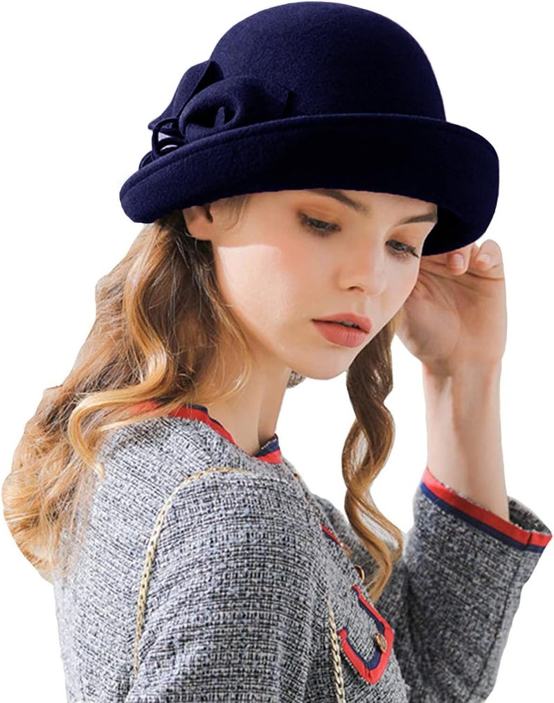 ORIDOOR Women Vintage Wool Felt Flowers Bucket Cloche Bowler Hat Church Wedding Dress Fascinator Hat Winter Felt Fedoras - Image 1